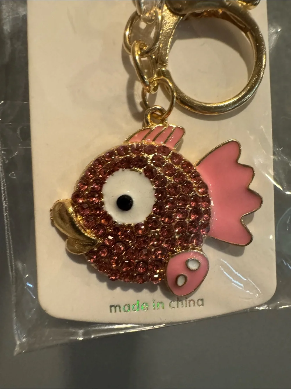 Pink Sparkle Fish Keychain or bag Charm with Gold Hardware